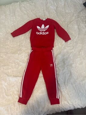 adidas Kids Red Crewneck Sweatshirt & Joggers Set for boys or girls